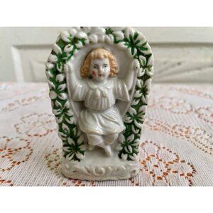 Antique German Porcelain Figurine Of Girl On Swing In Floral Arch